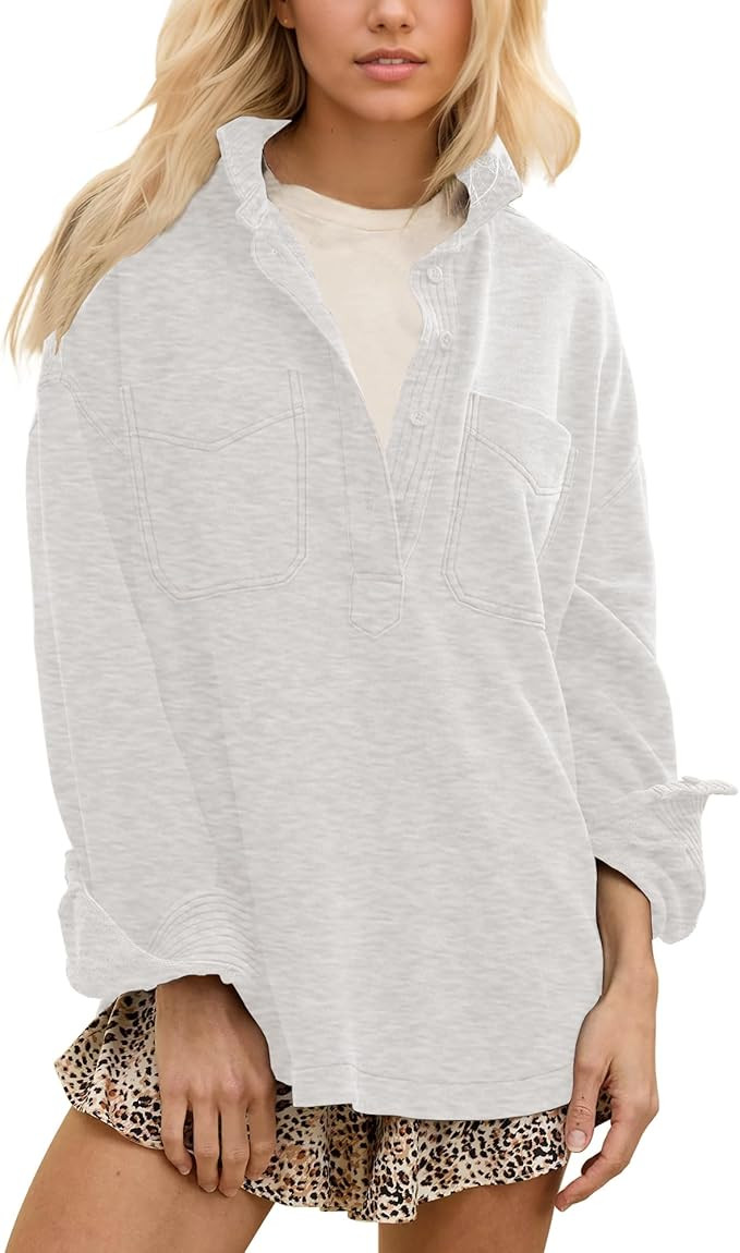 Gacaky Sweatshirt for Women Oversized Casual Long Sleeve Polo V Neck Split Pullover Tops Fashion ... | Amazon (US)