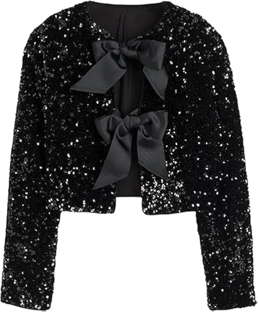 Mrat Sequin Jackets for Women Uk Sparkly Cropped Jacket Shiny Tie-Front Sequin Jacket with Bowkno... | Amazon (UK)