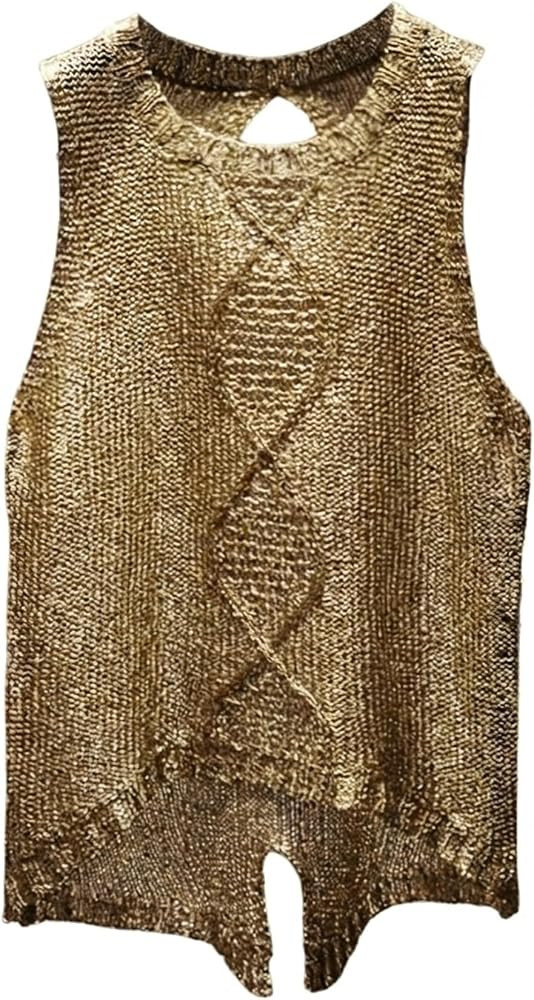 Verdusa Women's Shiny Cable Knit Sweater Vest Asymmetrical Sleeveless Knit Tops Summer Outfits | Amazon (US)