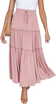 HAEOF Women's Boho Elastic High Waist A Line Ruffle Swing Beach Maxi Skirt | Amazon (US)