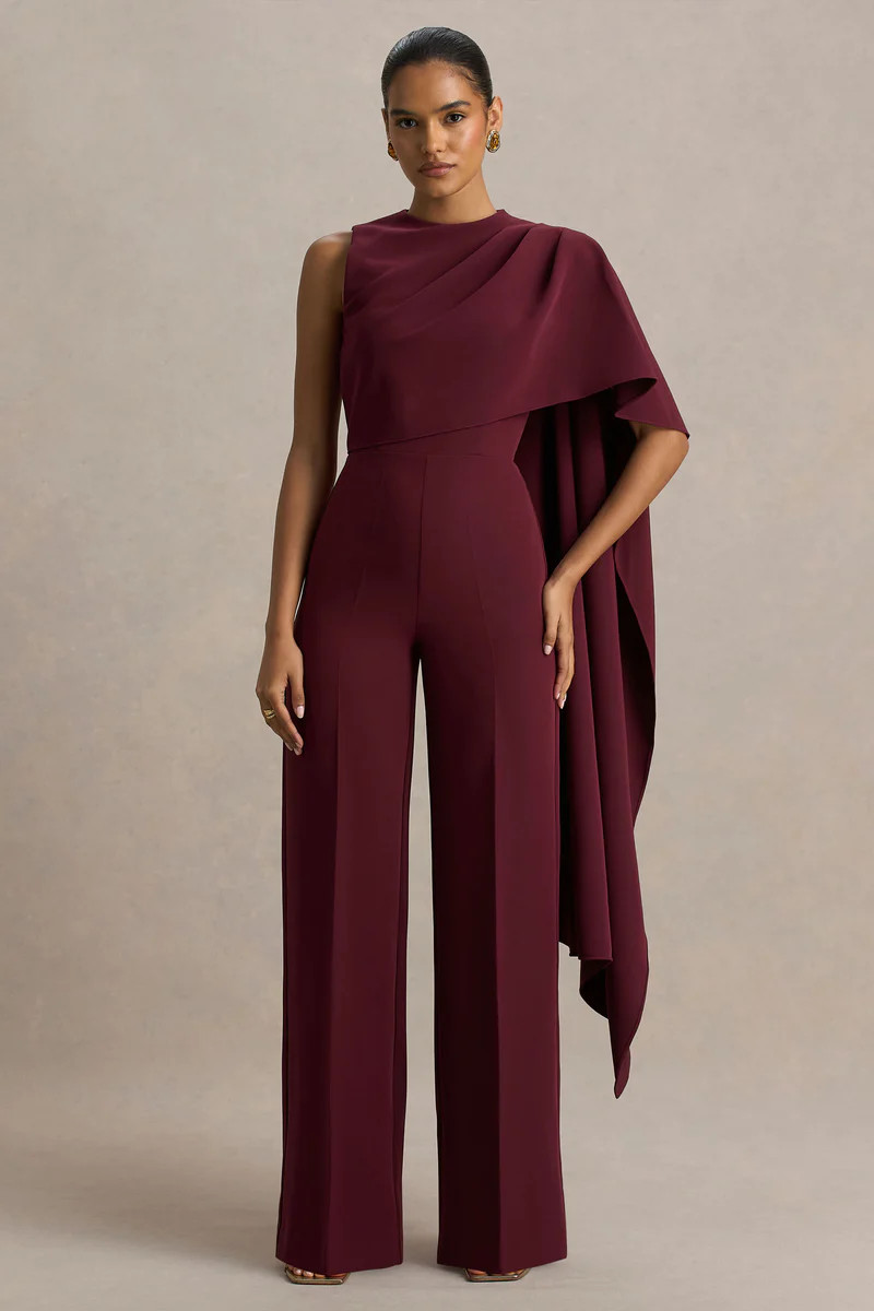 Sorenia | Burgundy High-Neck Jumpsuit With One-Cape Sleeve | Club L London