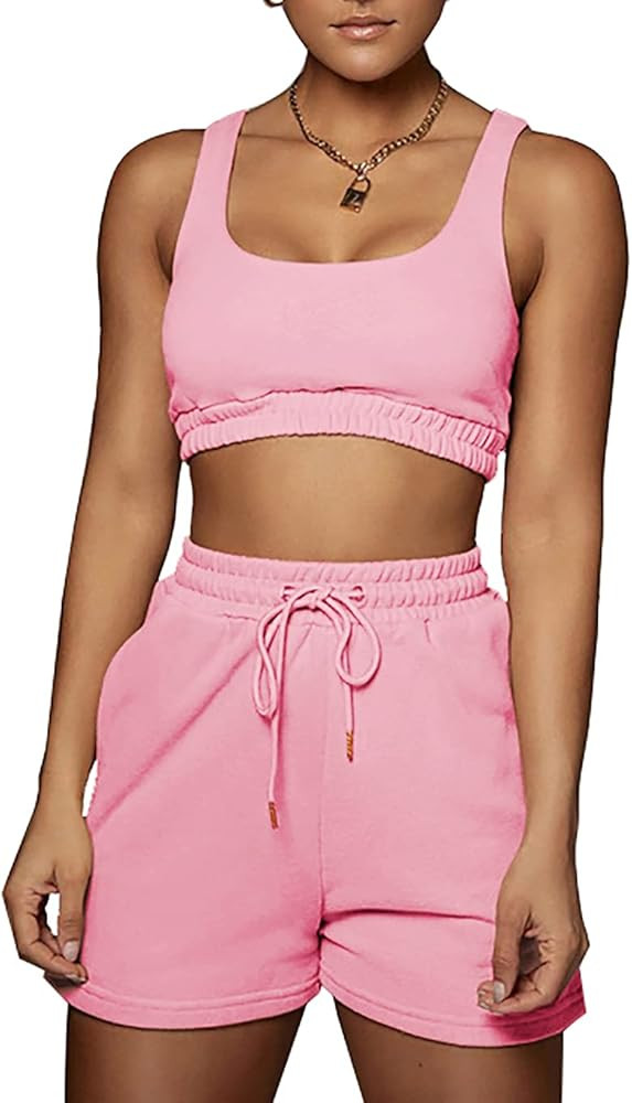 Dgebou Summer Two Piece Outfits for Women Casual Sleeveless Crop Tops and Loose Shorts set 2 piec... | Amazon (US)