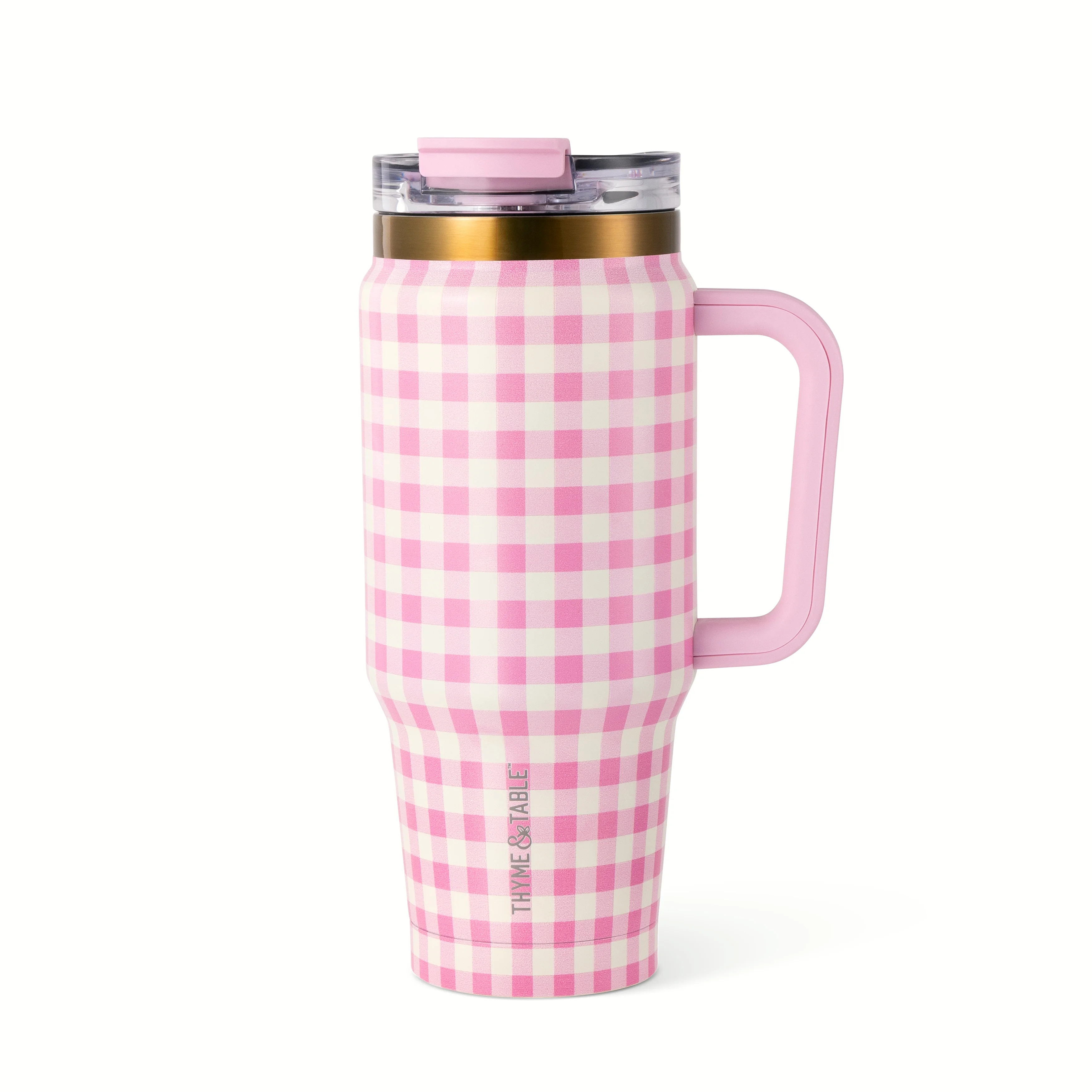 Thyme & Table 32oz Tumbler with Handle, Dual Straw Lid, Stainless Steel Double Wall, Pink Gingham | Walmart (US)