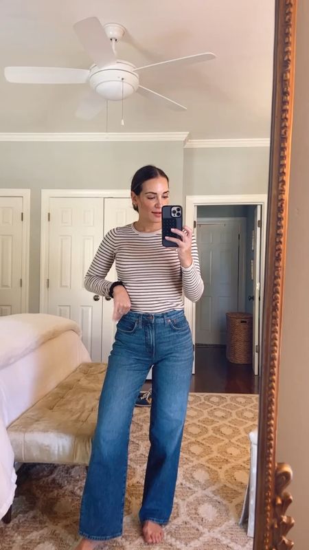Striped long sleeve shirt with stretch and rolled neck, straight leg jeans 