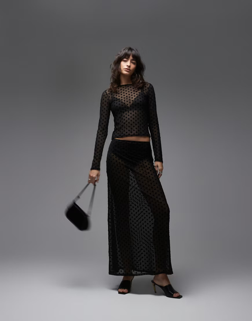 ASOS DESIGN sheer mesh maxi skirt in black polka dot print | ASOS (Global)