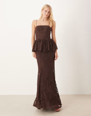 ASOS DESIGN Tall structured lace maxi dress with volume godet bodice in chocolate | ASOS | ASOS (Global)
