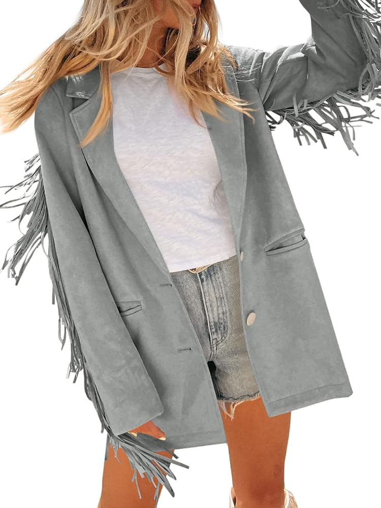 Cicy Bell Womens Faux Suede Fringe Jacket Casual Blazer Long Sleeve Lapel Button Front Suit Jacke... | Amazon (US)