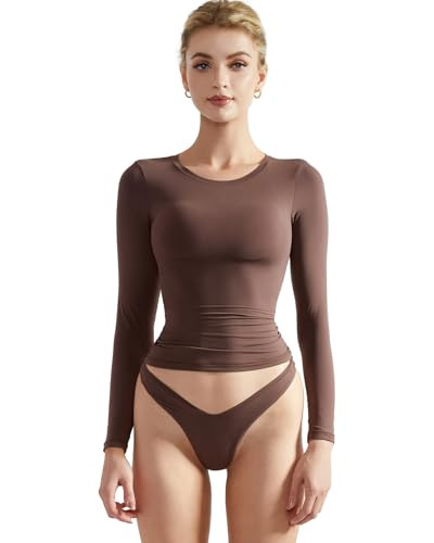 SUUKSESS Women Double Lined Fitted Basic T Shirts Crew Neck Long Sleeve Crop Top | Amazon (US)