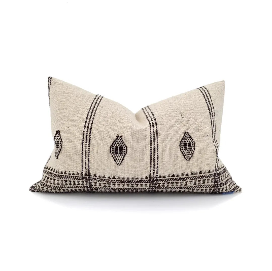 Indian Wool Pillow Cover, 13"×20" Vanilla W Brown Embroidery Indian Wool Pillow Cover, Stripe Pi... | Etsy (US)