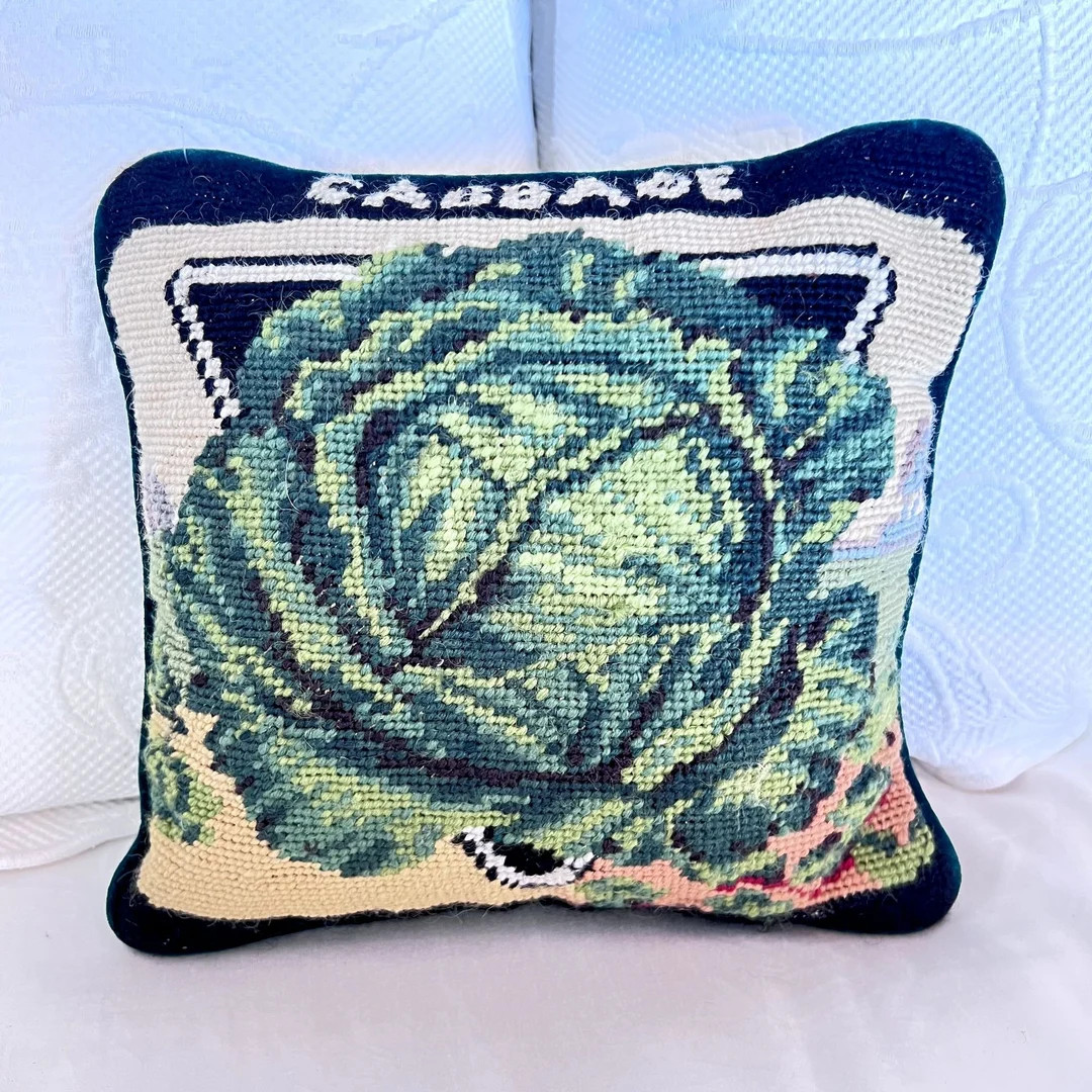 Vintage 9x9 Wool Needlepoint Cabbage Accent Pillow Green Velvet Backing Country, Farmhouse - Etsy | Etsy (US)
