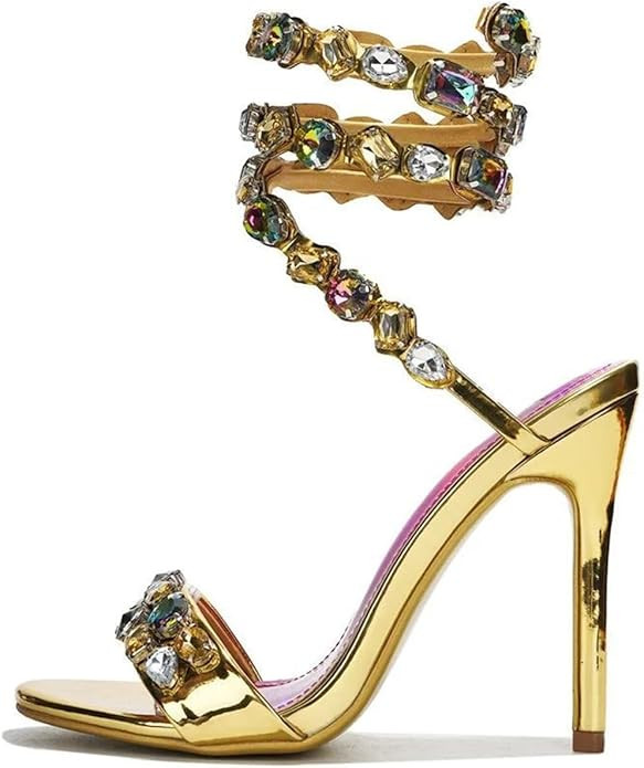 LISHAN Women's Diamante Rhinestones Studded Stilettos Ankle Wrap High Heels | Amazon (US)