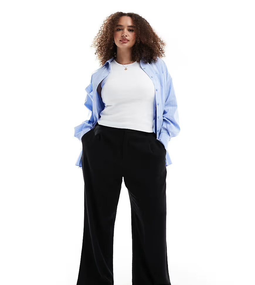 ASOS DESIGN Curve relaxed straight leg trousers with linen in black | ASOS (Global)
