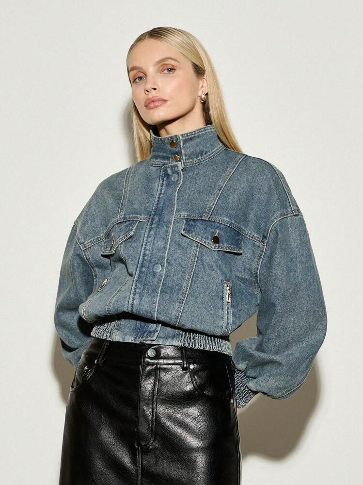AiiRZ Retro Balloon Sleeve Denim Bomber With Smocked Waist Band Fall Winter Trucker Style Jacket With Stand Collar Zip Pocket Details Casual Streetwear | SHEIN