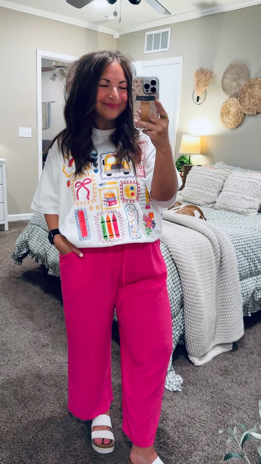 Classroom style for spring 🍎🌸 Comfy graphic tee + easy layers + everyday basics = a look that’s cute enough for the classroom but also practical!

sandals: fit true to size // wearing a 5
pants: fit true to size // wearing a large
tee: fits oversized // wearing an XL 

 #LTKootd #LTKMidsize #LTKWorkwear