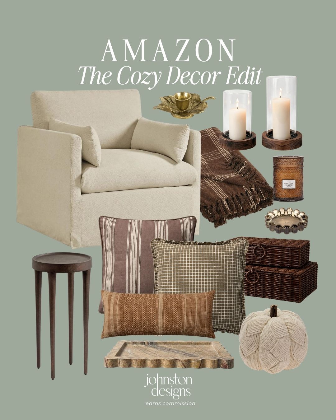 Warm textures and inviting accents to transform your home for autumn. 🕯️ Styled with a plush cream slipcovered armchair, a rich brown plaid throw blanket, glass pillar candle holders, striped and checkered throw pillows, a marble scalloped tray, and a cozy knit decorative pumpkin.

Amazon cozy decor edit, cream slipcovered armchair, brown plaid throw blanket, glass hurricane candle holders, brown striped throw pillow, plaid fringed pillow cover, brown lumbar pillow, marble scalloped tray, dark wood accent drink table, knit fabric pumpkin, woven rattan storage boxes, women’s Amazon home decor

#amazonfinds #amazonhome #cozydecoredit #fallhomedecor #autumndecor #livingroomdecor #neutraldecor #cozyvibes #interiorstyling #homegoods 

 #LTKSeasonal #LTKHome