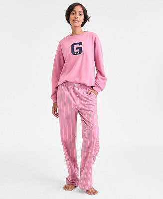 Crewneck Pajama Top & Striped Pajama Pants | Macy's