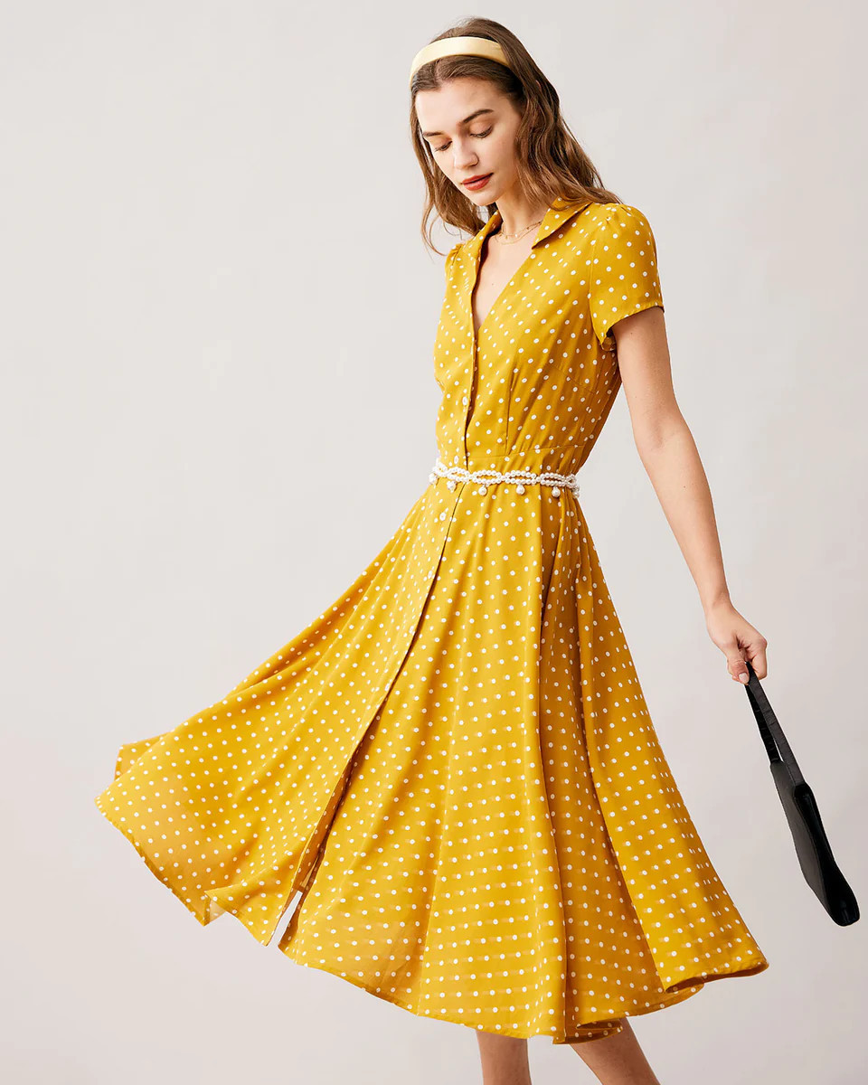 The Yellow V Neck Polka Dot Short Sleeve Midi Dress | rihoas.com