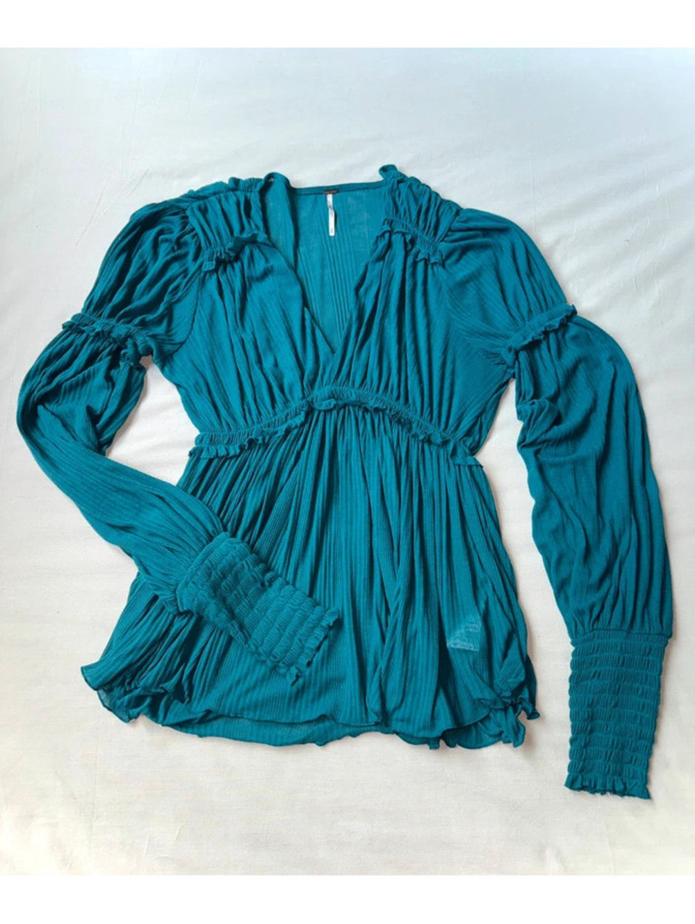 Free People Teal Pleated Deep V Tunic Blouse Size Medium Balloon Sleeve | Poshmark