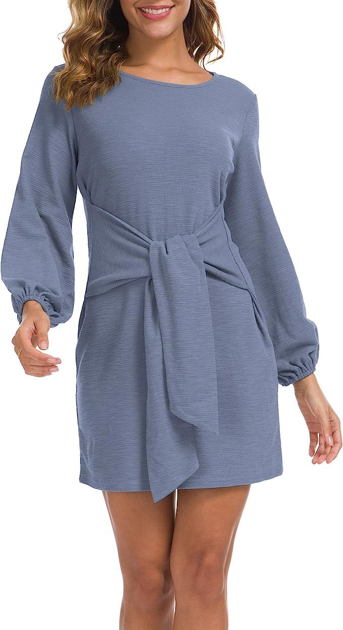 Lionstill Women's Elegant Long Sleeve Dress Casual Tie Waist Sweater Dresses | Amazon (US)