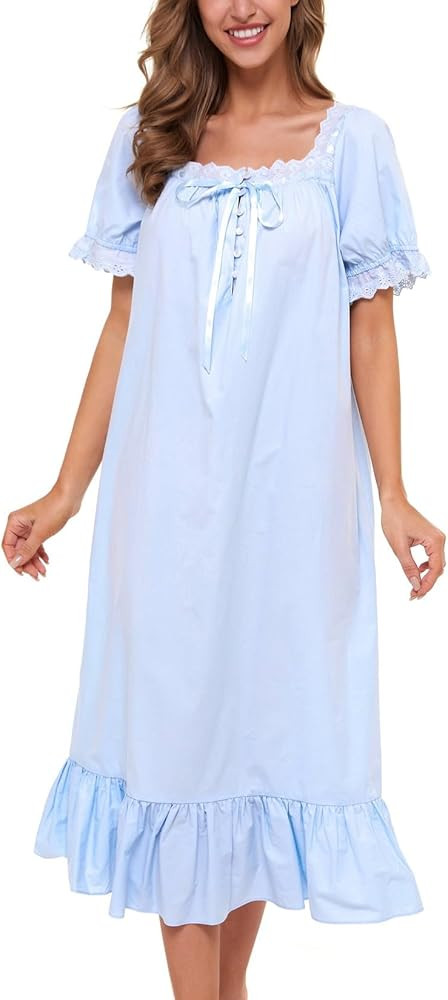 Lu's Chic Women's Victorian Nightgown Cotton Sleepwear Long Loungewear Short Sleeve Vintage | Amazon (US)