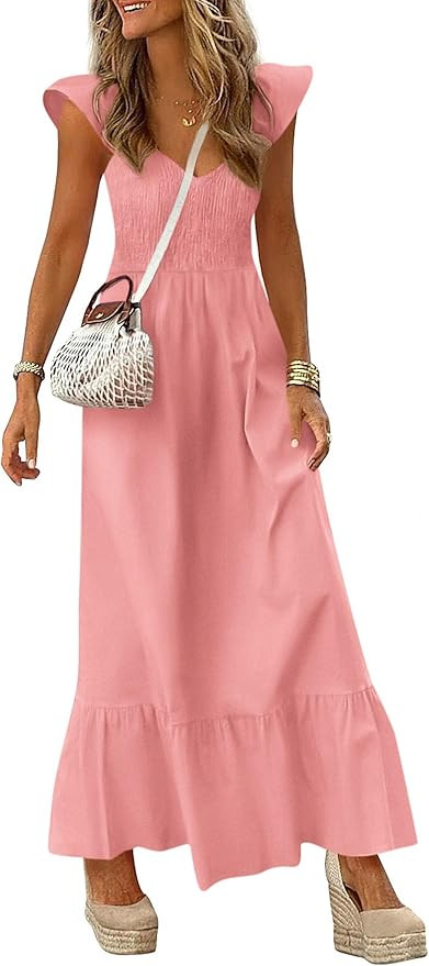 PRETTYGARDEN Women's 2026 Summer Casual Maxi Dresses Cap Sleeve V Neck Smocked Long Pockets Party... | Amazon (US)