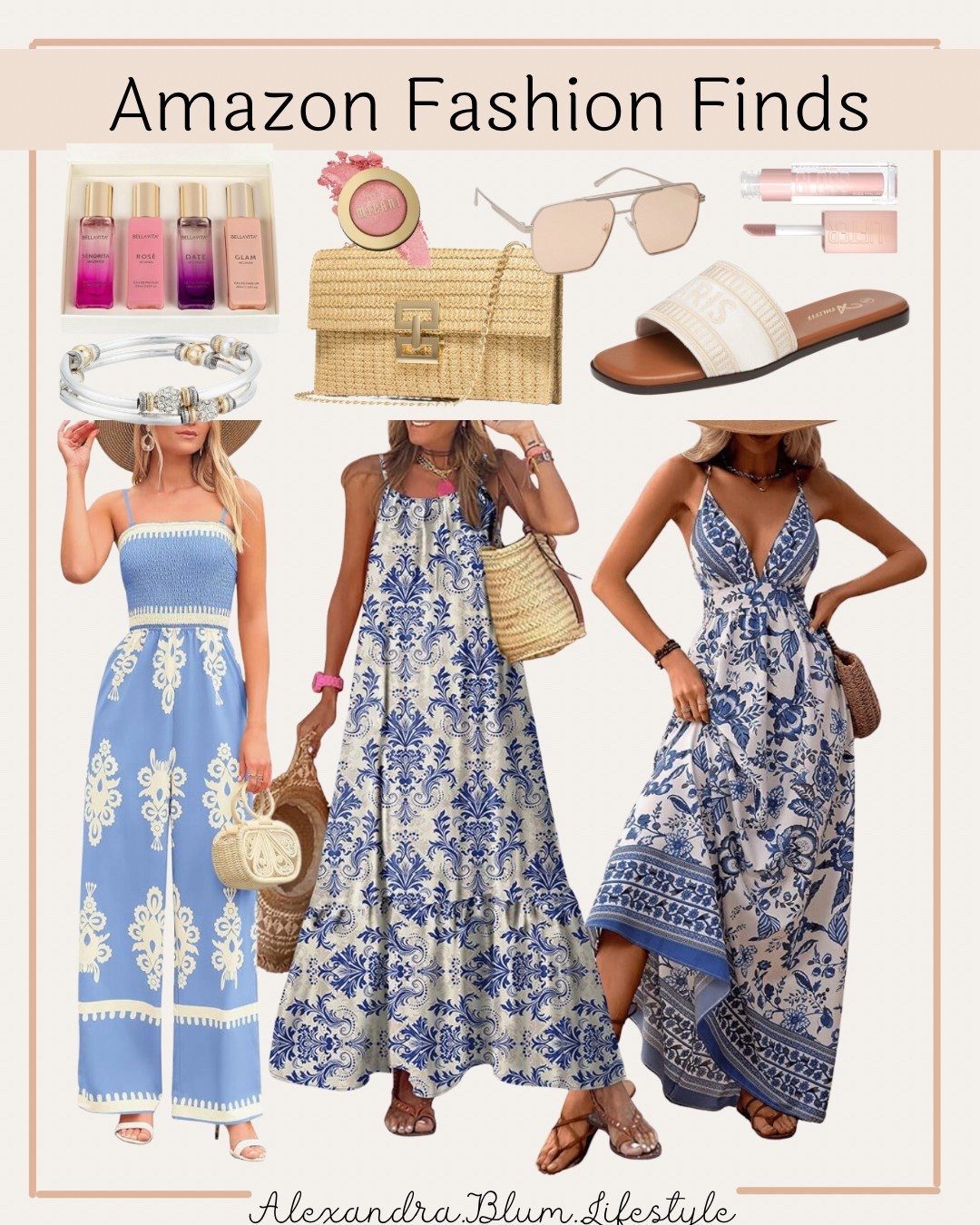Amazon Fashion Finds!! Blue and white maxi dress, straw clutch, pink lipstick, sandals! Casual dresses! Vacation outfits! Wedding guest dresses! Sun dresses! Spring dress! Summer dress! Beach wedding! Beach vacation! Pool dress! Vacation outfit! 

#LTKFindsUnder50 #LTKItBag #LTKSummerEdit