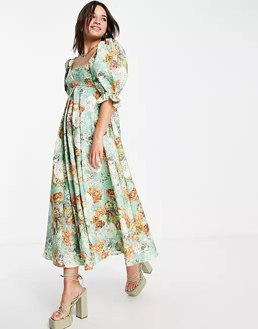 ASOS EDITION empire midi dress with full skirt in green floral print | ASOS (Global)