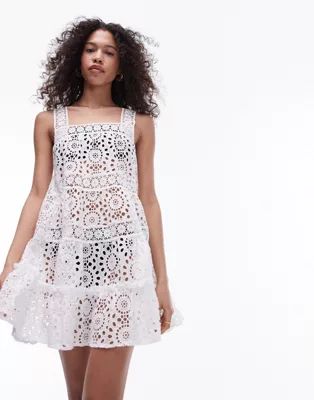 Topshop broderie tiered mini beach dress in white | ASOS (Global)