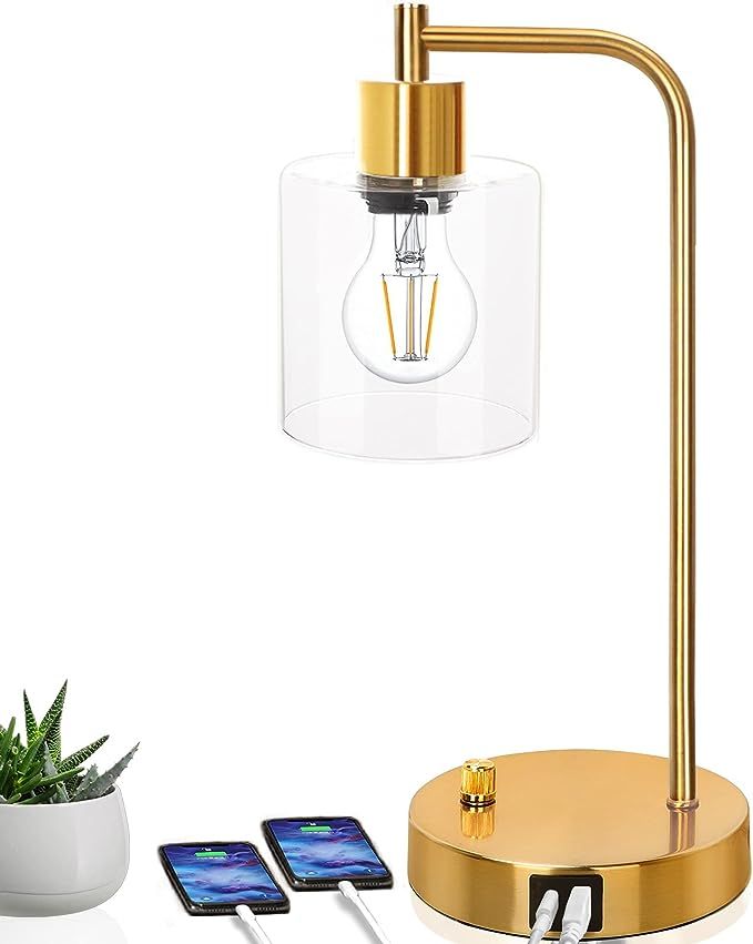 Gold Industrial Table Lamp with 2 USB Ports, Vintage Nightstand Lamp, Dimmable Bedside Reading La... | Amazon (US)
