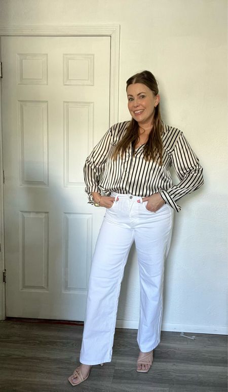 Business casual outfit 
White jeans
Wide legged jeans 
Striped top
Work outfit 
Mom outfit
Mom style 
Mom jeans
Summer jeans 


#LTKMidsize #LTKFindsUnder100 #LTKStyleTip