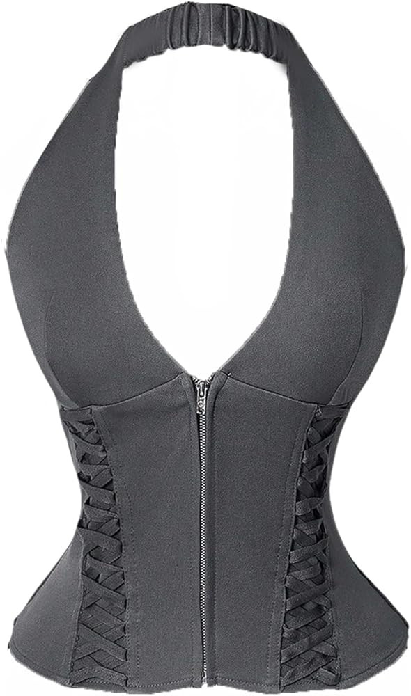 Milumia Women's Deep V Halter Tops Y2k Sleeveless Zip Up Lace Up Sexy Party Vest Tops | Amazon (US)
