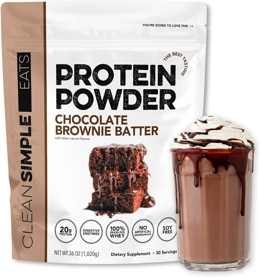 Clean Simple Eats Whey Protein Powder, Chocolate Brownie Batter Flavor Naturally Sweetened, 100% Grass Fed Protein Powder with Digestive Enzymes & No Artificial Ingredients, Gluten Free, 30 Servings | Amazon (US)