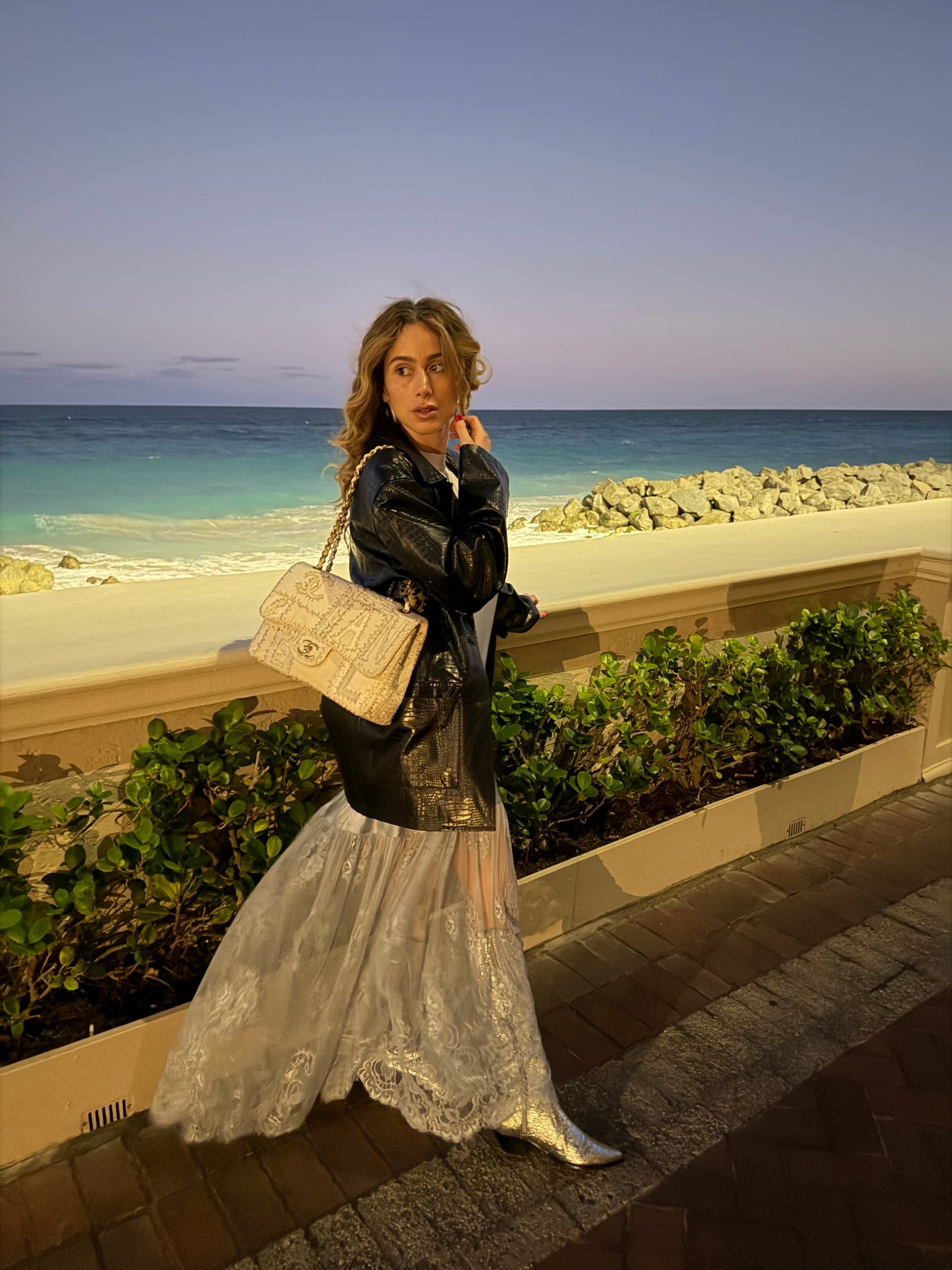 Outfit of the night. Date night outfit. Florida outfit. Show me your mumu blue slip lace dress. Faux leather jacket. Schutz silver metallic boots. Chanel bag from FASHIONPHILE. 

#LTKSeasonal #LTKootd