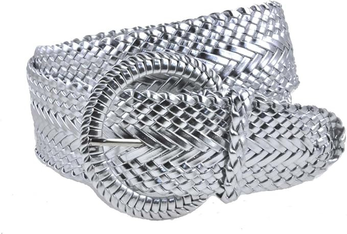 Women's Fashion Web Woven Braid Faux Leather Metallic Wide Belt | Amazon (US)