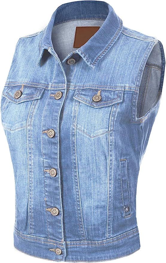 Design by Olivia Women's Sleeveless Distressed Cropped Stone Washed Classic Jean Jacket Vest | Amazon (US)