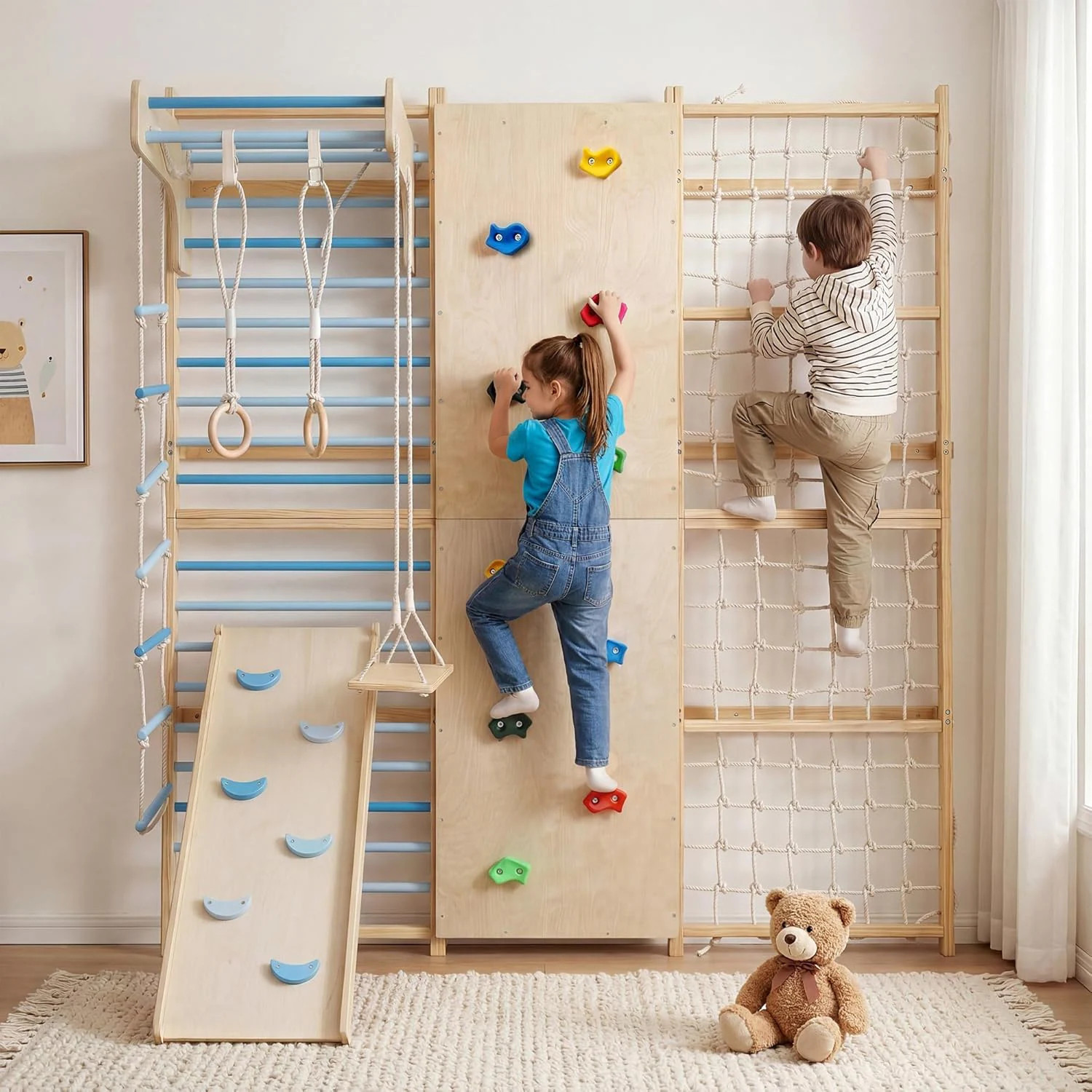 IdealHouse 10-in-1 Swedish Ladder Rock Climbing Wall for Kids and Adults with Slide Swing Gymnastic Rings Rope Ladder and Monkey Bar Multi-Functional | Lowe's
