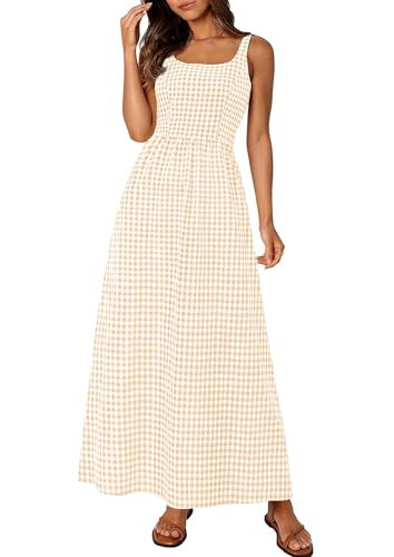 PRETTYGARDEN Women's 2025 Summer Spaghetti Strap Maxi Dresses Plaid Square Neck A Line Casual Beach Vacation Long Sundress (Beige,Large) | Amazon (US)