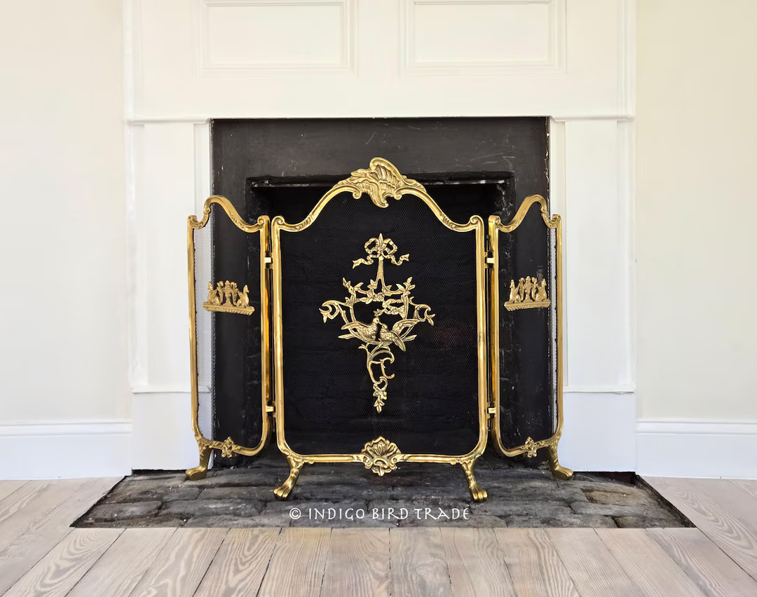 Antique Ornate Louis XVI Style French Provincial Brass Fireplace Screen | Vintage Gold Metal Exot... | Etsy (US)