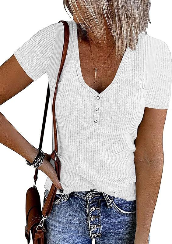 MEROKEETY Women's Short Sleeve V Neck Ribbed Knit Button T Shirts Henley Solid Color Summer Tops | Amazon (US)
