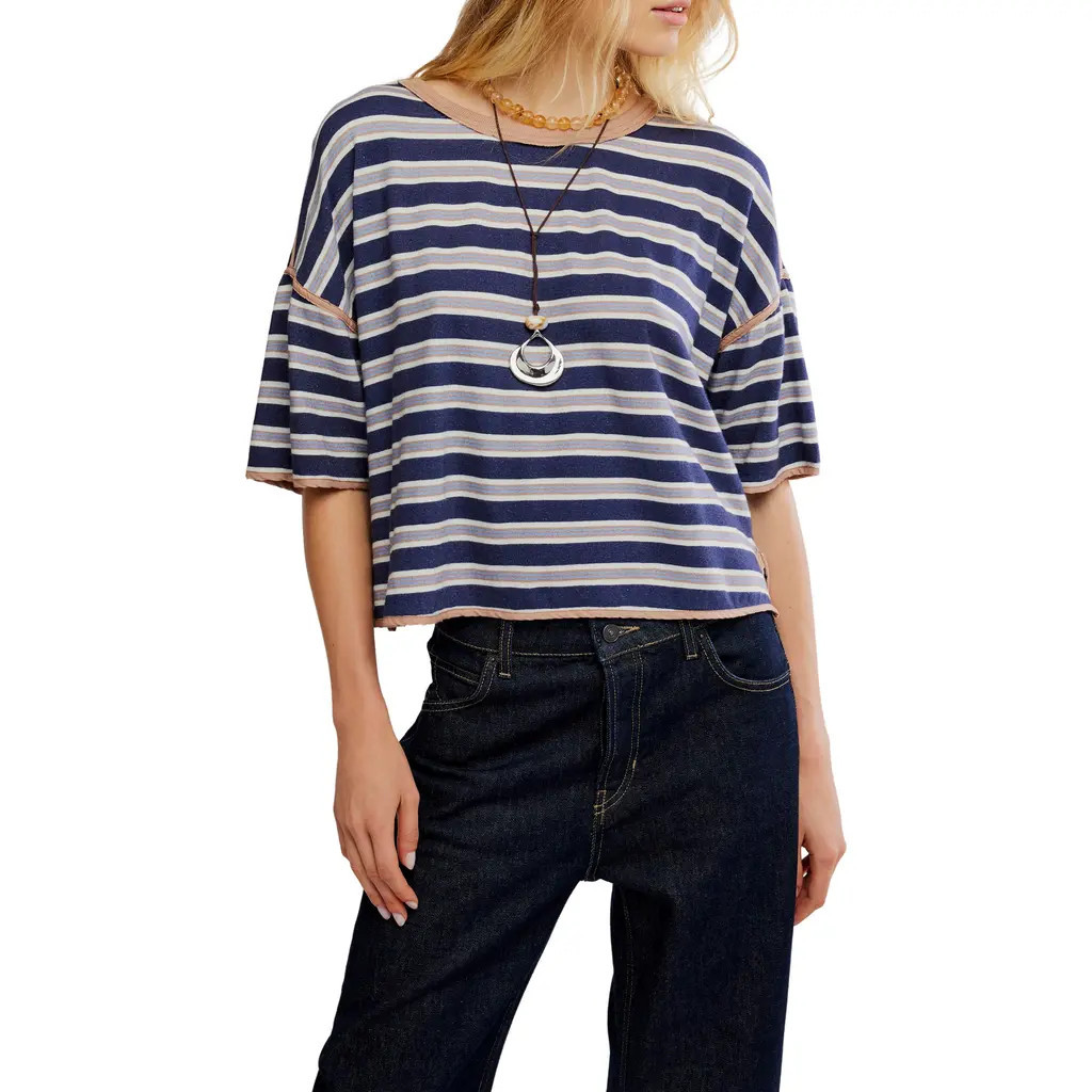 Free People Clean Rugby Stripe Cotton Top in Navy Combo at Nordstrom, Size Large | Nordstrom