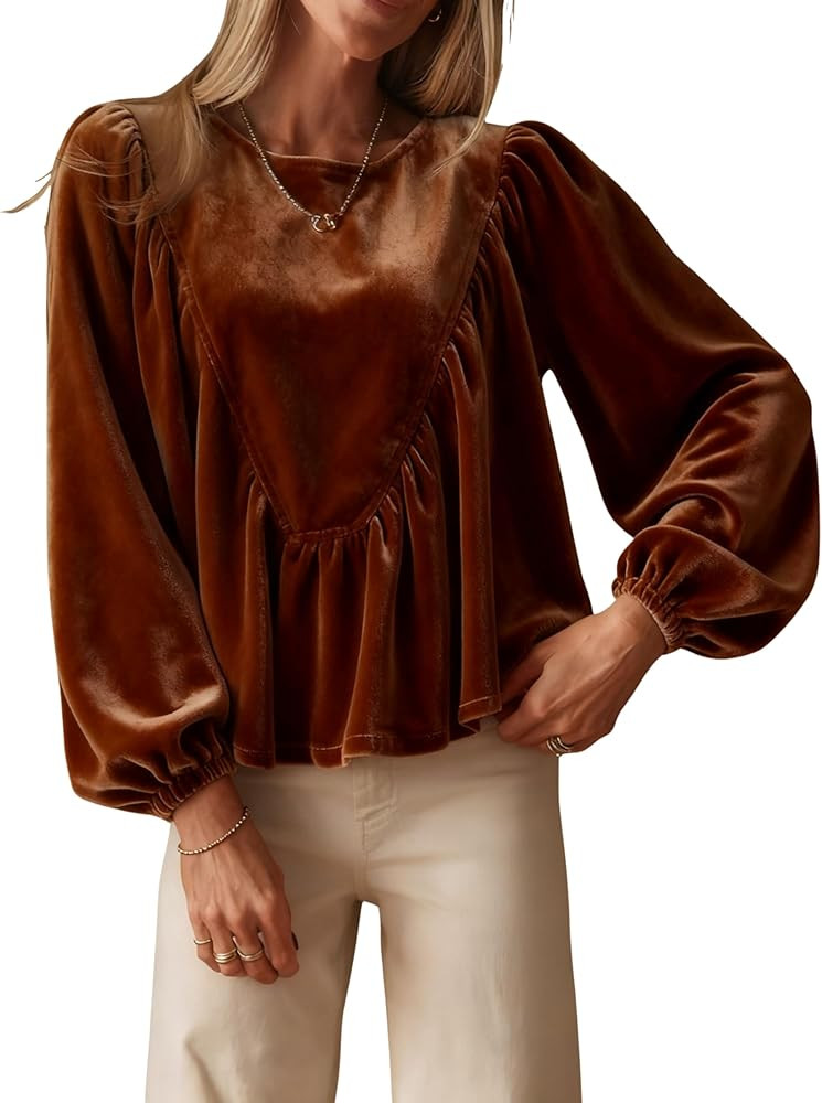 Yidarer Women Velvet Peplum Top Long Sleeve Babydoll Blouse Bubble Sleeves A-Line Swing Shirt | Amazon (US)