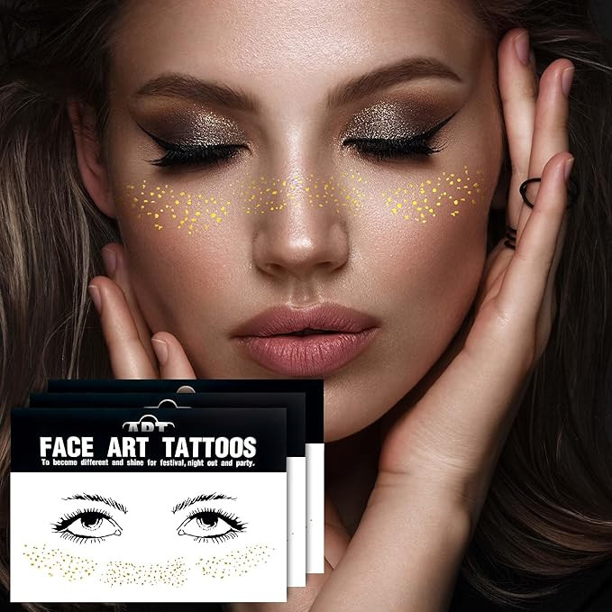 3Sheets Freckles Face Metallic Tattoo Sticker - Eye Gold Glitter Temporary Water Transfer Tattoo ... | Amazon (US)