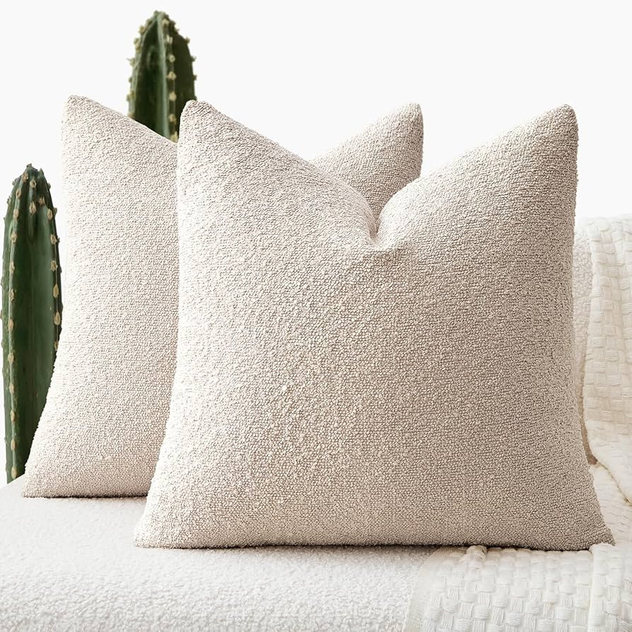 ANRODUO Pack of 2 Textured Boucle Throw Pillow Covers Soft Beige Euro Decorative Accent Solid Pil... | Amazon (US)