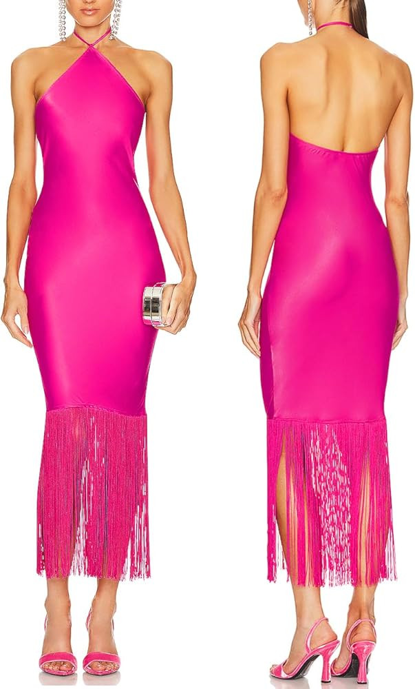 JLCNCUE Women Halter Neck Bodycon Midi Dress Fringe Hem Party Dress Sleeveless Open Back Tassels ... | Amazon (US)
