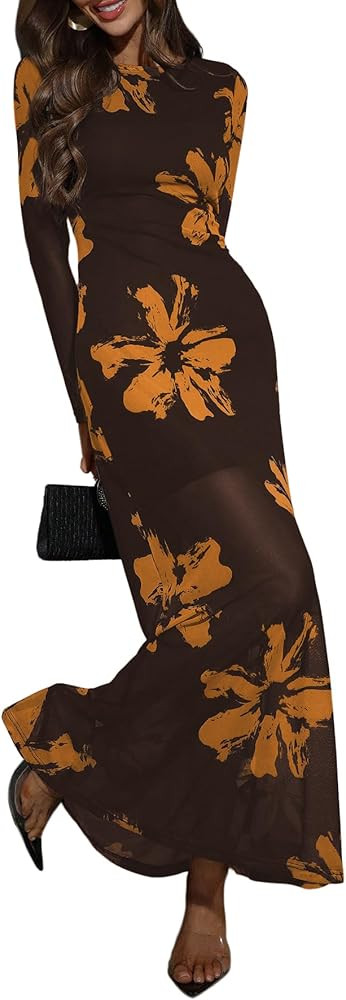 Verdusa Women's Floral Mesh Maxi Dresses Elegant Formal Long Sleeve Spring Wedding Guest Dress Co... | Amazon (US)