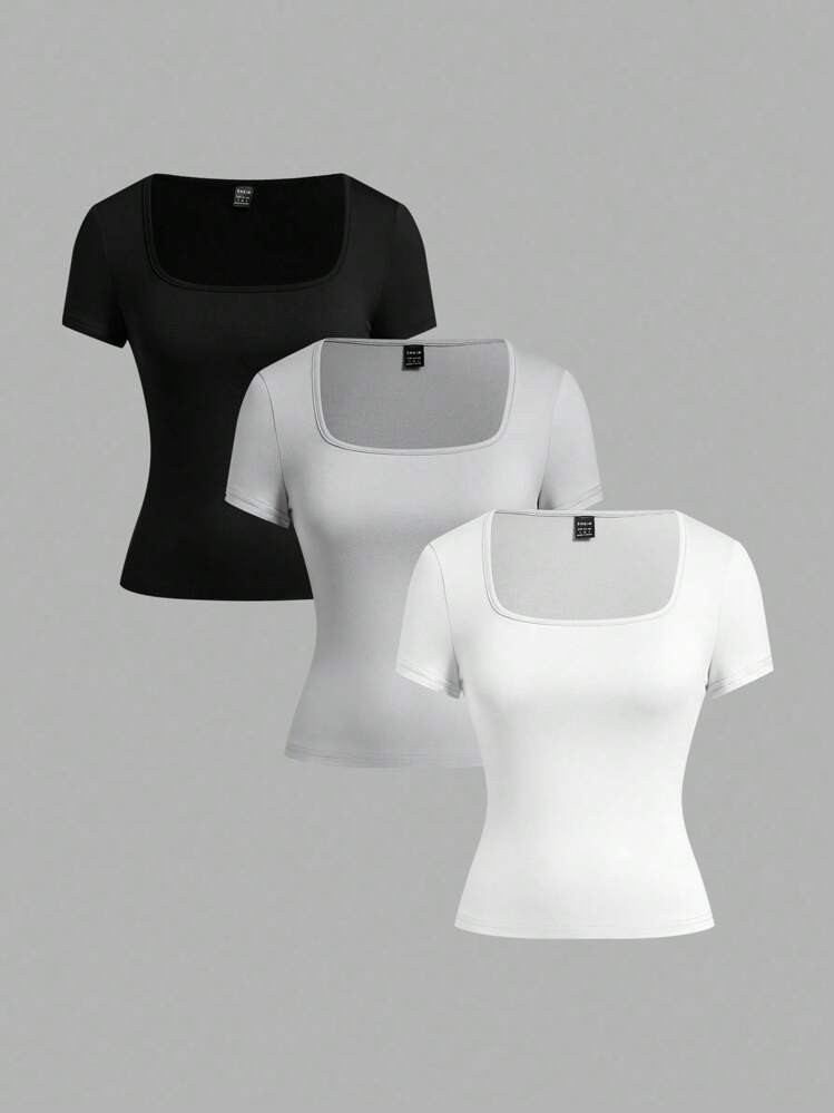 SHEIN EZwear 3pcs/Set Women's Black, Light Grey, White Short Sleeve Cropped Casual Fitted T-Shirts, Suitable For Summer | SHEIN