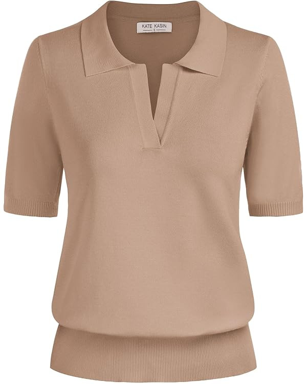 Kate Kasin Women Short Sleeve Polo Sweater V Neck Knitted Tops Casual Ribbed Shirt Loose Pullover... | Amazon (US)