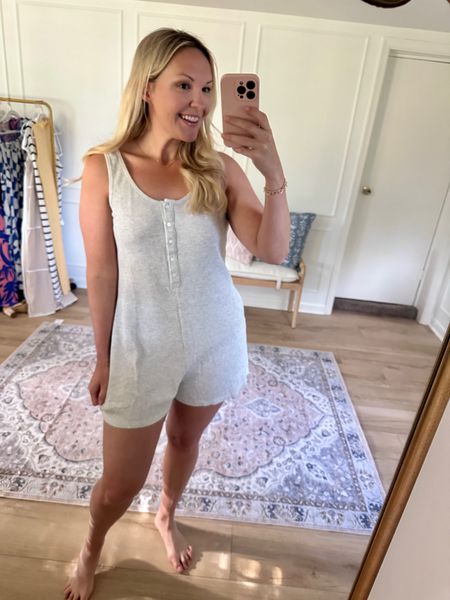 Loungewear romper! It’s waffle knit texture with functional buttons - so soft and comfy! I’m wearing a large. Travel outfit, summer outfit, Memorial Day weekend 

#LTKMidsize #LTKStyleTip #LTKSeasonal