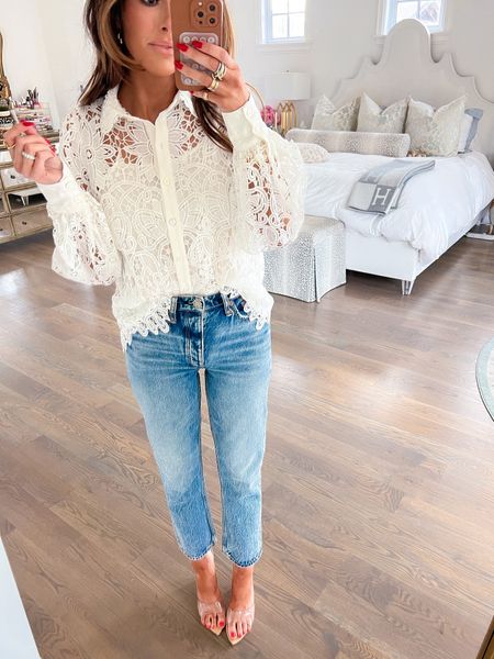 Wearing size small in top, size 25 in jeans. Wedges fit small, size up 1/2 size. Red Dress Boutique, Spring outfit ideas, white lace top, jeans, clear wedges, spring tops, emily Ann Gemma 

#LTKstyletip