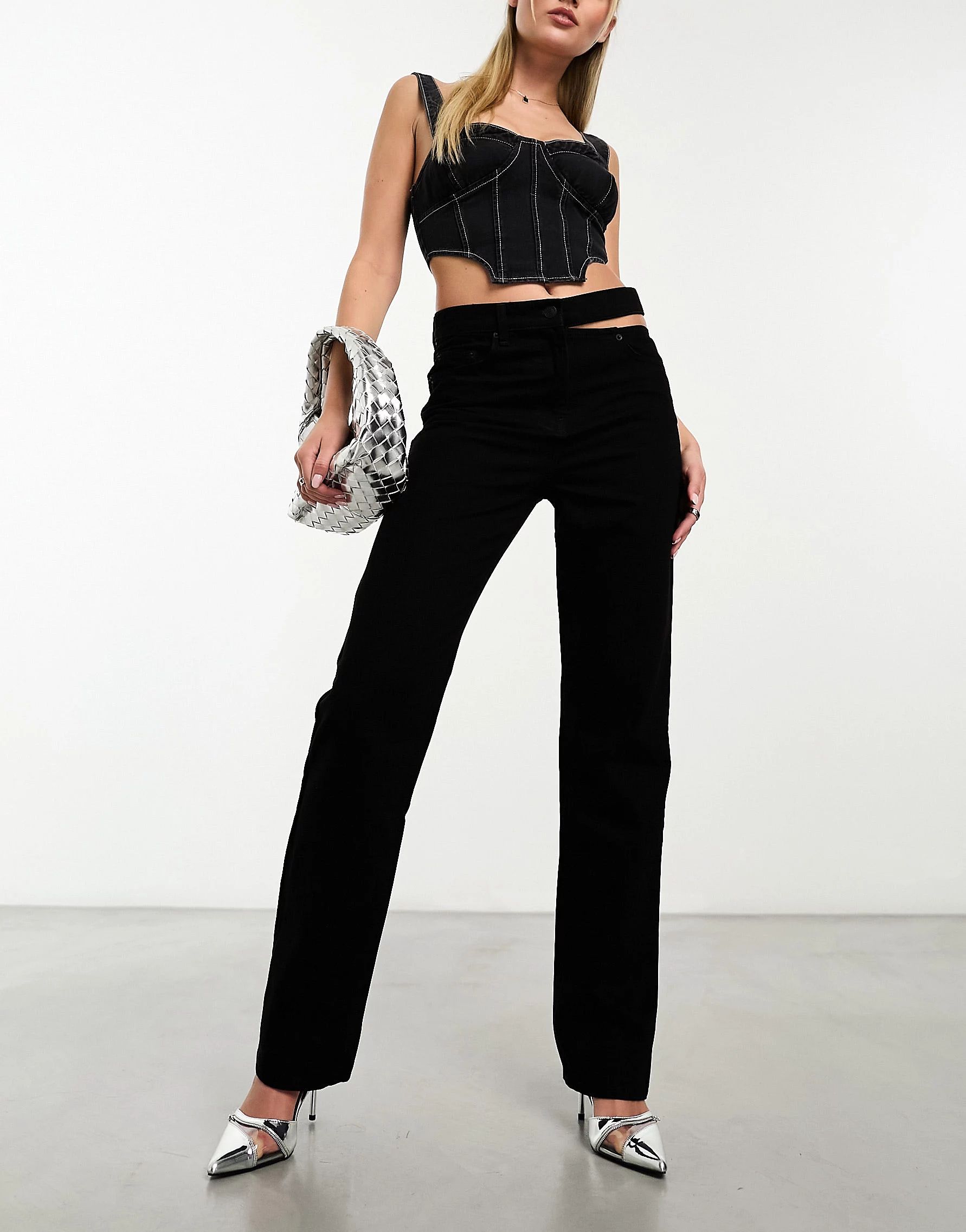 ASOS DESIGN 90s straight jeans with cut-out waistband in washed black | ASOS (Global)